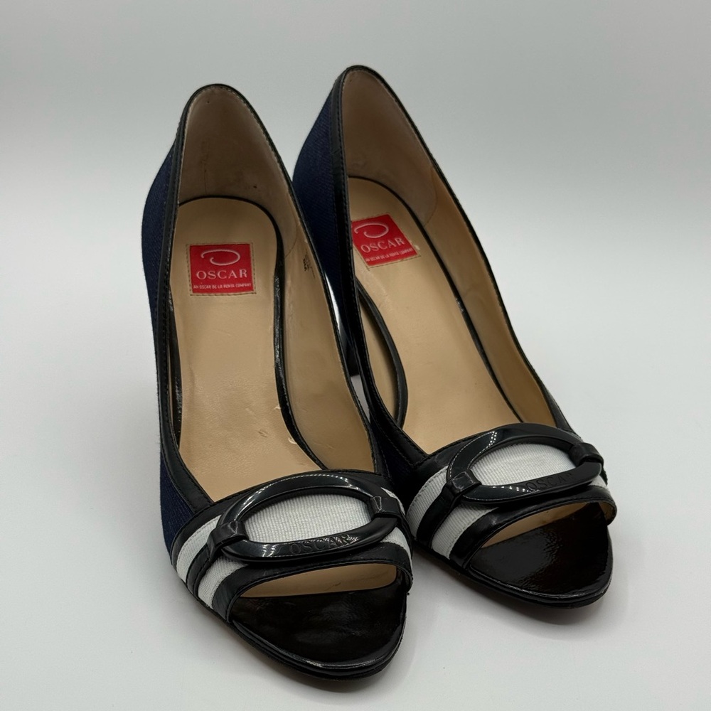 VTG RARE Oscar de la Renta O Calada Peep Toe Heels Blue/Black Size 8 - Picture 12 of 16